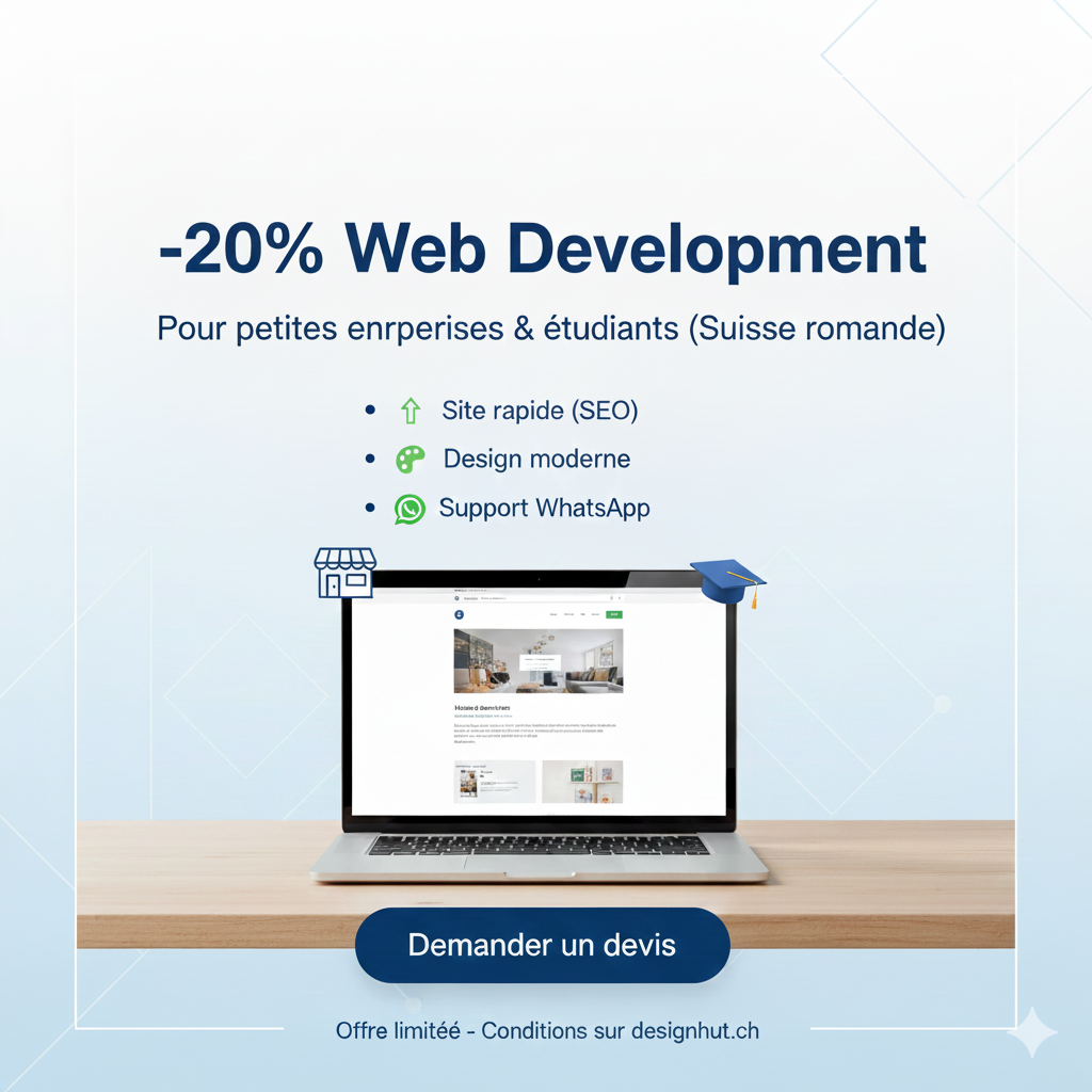 Popup promotionnel -20% sur le développement web pour PME et étudiants en Suisse romande